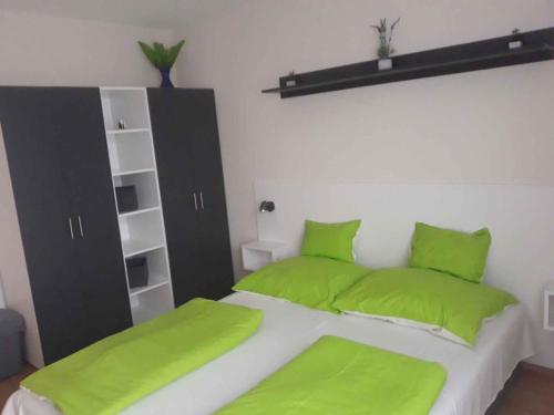 ギェネシュディアーシュにあるApartments in Gyenesdias/Balaton 18812のベッドルーム1室(緑の枕が付くベッド1台付)