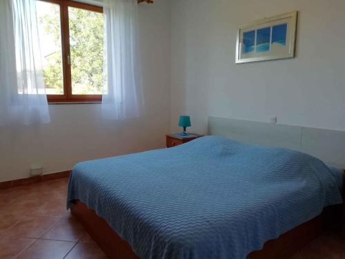 a bedroom with a blue bed and a window at Apartment Valbandon 13 in Štinjan