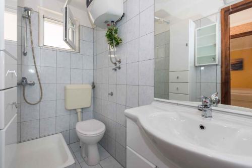 a white bathroom with a toilet and a sink at Apartment Drenje 2 in Drenje