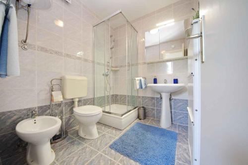 uma casa de banho com um WC, um lavatório e um chuveiro em Apartment Vrsi -Mulo 2 em Kod Mula