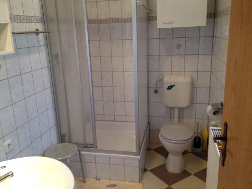 ein Bad mit einer Dusche, einem WC und einem Waschbecken in der Unterkunft Holiday home in Waltershausen OT Fischbach 3171 in Fischbach