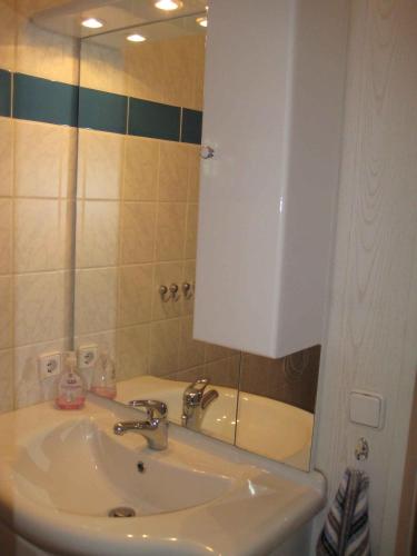 a bathroom with a sink and a mirror at Holiday home Kamminke - Insel Usedom 3203 in Kamminke