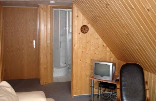 Apartment Neuendorf - Hiddensee 2 في Neuendorf: غرفه فيها تلفزيون وحمام