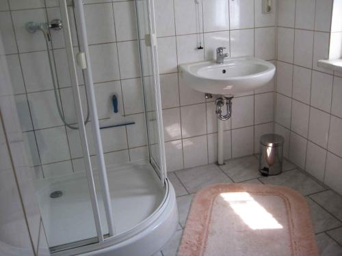 a bathroom with a shower and a toilet and a sink at Holiday home Groß Kordshagen/Ostsee 2741 in Arbshagen