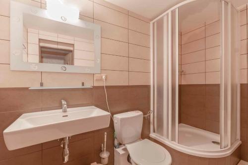 a bathroom with a toilet and a sink and a shower at Apartment Svoboda nad upou 2 in Svoboda nad Úpou