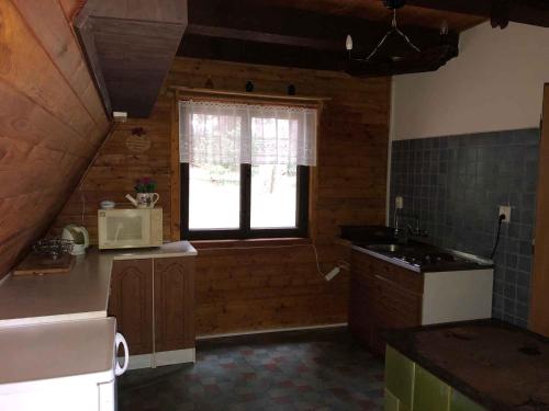 una cocina con fregadero y una ventana en una habitación en Holiday home Strazne/Riesengebirge 2326, en Strážné