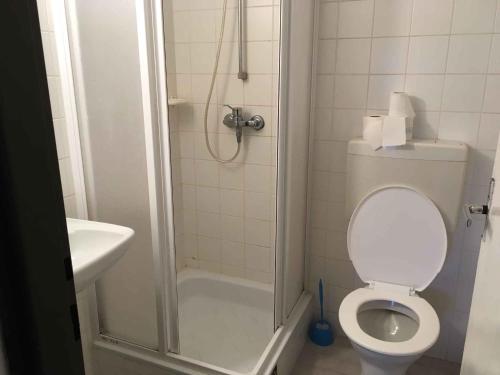 y baño con ducha, aseo y lavamanos. en Holiday home in Harrachov 2446, en Nový Svět