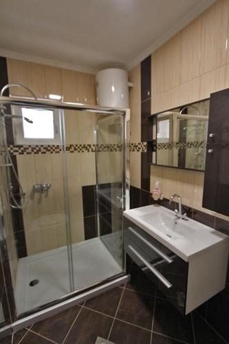 a bathroom with a shower and a sink at Beachfront Apartments Anita with Pool in Karlobag
