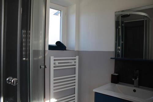 a bathroom with a shower and a sink and a mirror at CALODURUM in Chilleurs-aux-Bois