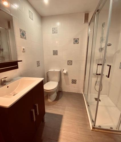 a bathroom with a toilet and a shower and a sink at Apartamento Tossa de Mar in Tossa de Mar