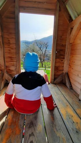 a person sitting on a table looking out of a window at "Карпатський краєвид" in Polyana