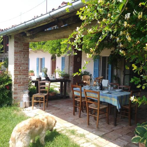 a dog standing next to a table on a patio at Agriturismo La Tilia in Lequio Tanaro