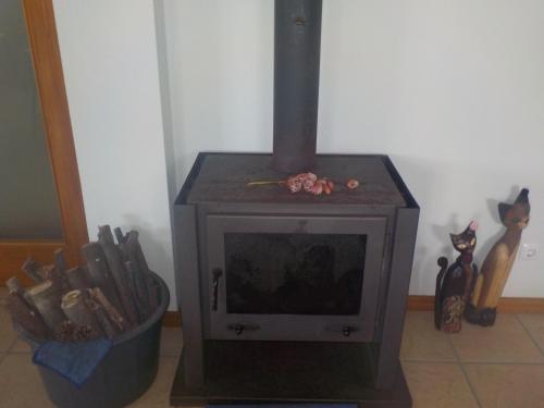 a wood stove in a room with two cats at CASA do MONDEGO COIMBRA-17km in Penacova