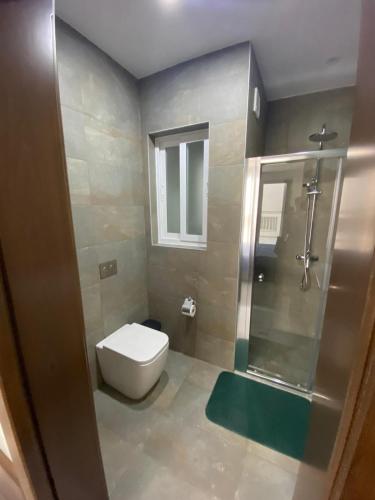 een kleine badkamer met toilet en douche bij Gzira two-bedroom Apartment in Il-Gżira