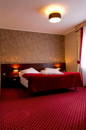a hotel room with a bed and a red carpet at Hotel TiM in Cekanowo