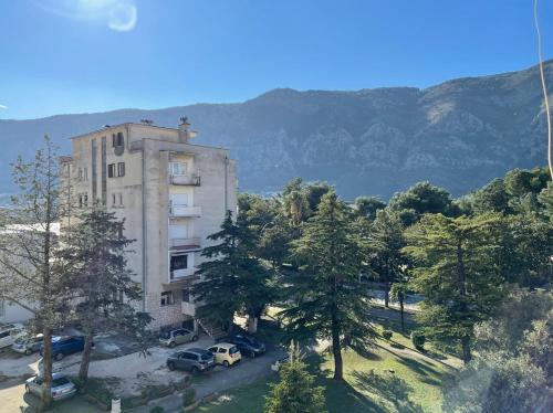 an apartment building with cars parked in a parking lot at Downtown Apartment in Kotor