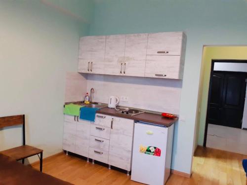 a small kitchen with white cabinets and a sink at Gudauri Residence-Iceberg in Gudauri