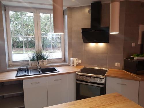 a kitchen with white cabinets and a stove top oven at Apartamenty Paszkówka in Pietrzykowice