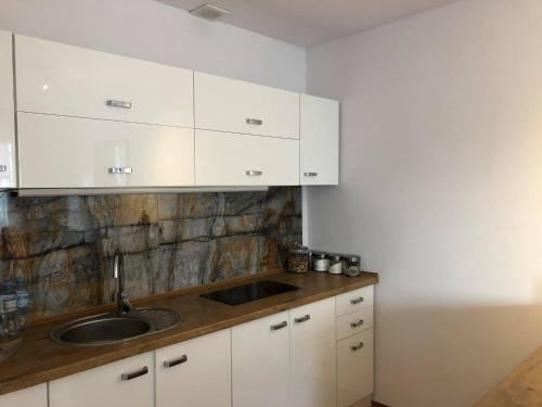 kuchnia z białymi szafkami i zlewem w obiekcie Apartament i pokoje Szalawa w Kaliszu