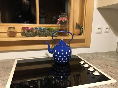 a blue tea kettle sitting on top of a stove at Loghouse Brunka - Escape from life on a highway in Gornja Radgona