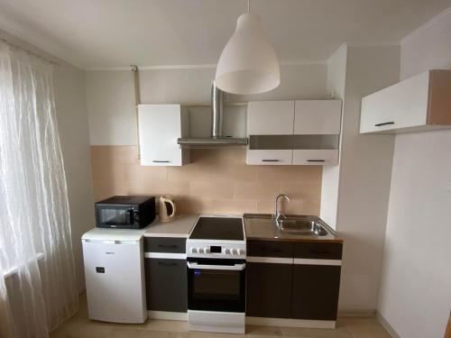 a small kitchen with a stove and a sink at Apes ielas apartaments in Alūksne