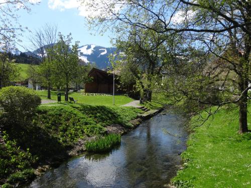 a river in a field with a barn and trees at Ferienwohnungen im Färberhaus in Fischen