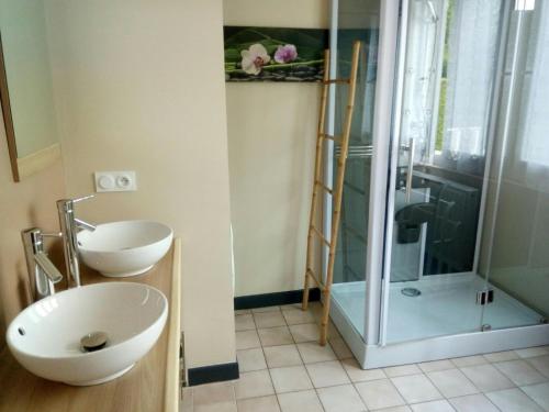 une salle de bains avec lavabo et douche en verre dans l'établissement GM, à Bagnères-de-Bigorre