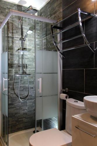 une salle de bain avec une douche avec des toilettes et un lavabo dans l'établissement chambre Terremer, à Patrimonio