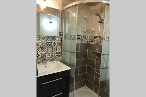 une salle de bain avec un lavabo et une douche dans l'établissement Lou paradiú du verdon, à Allemagne-en-Provence