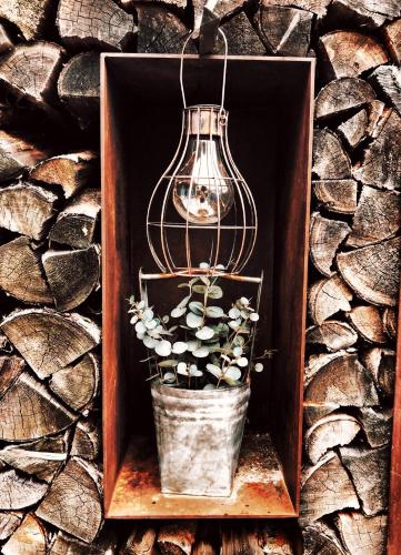 a bird cage with a potted plant in a pot at Hotel Paintner in Germering