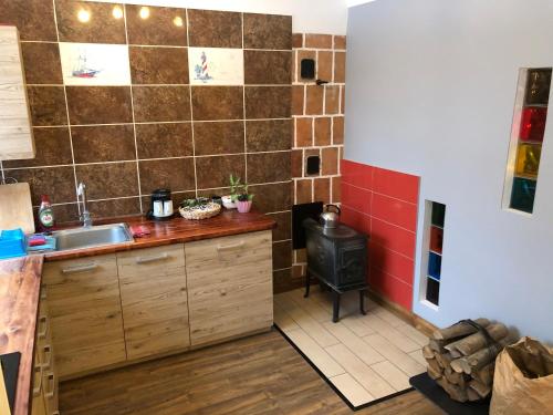 a kitchen with a sink and a stove at Stamerienas Apartamenti in Stāmeriena