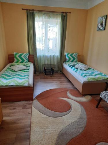 two beds in a room with a carpet on the floor at Casa Maria in Şura Mică