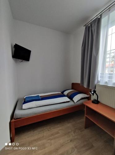 a bedroom with a bed and a tv and a window at Penzion DUHET in Hulín