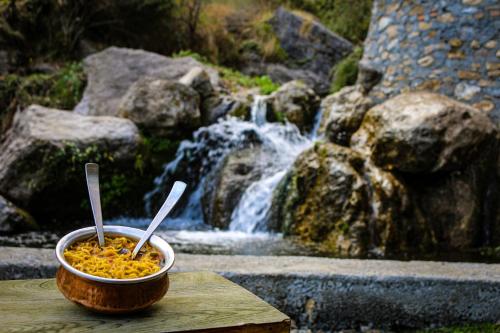 a bowl of food sitting on a table in front of a waterfall at Babutaal Resort in Chakrāta