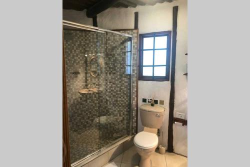 維德尼斯的住宿－The Rondi Hosted by Heritage Accommodation，一间带卫生间和玻璃淋浴间的浴室