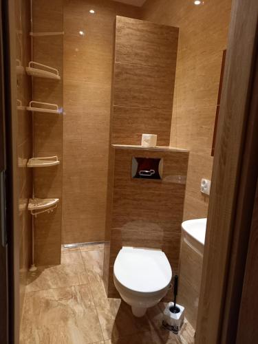 a small bathroom with a toilet and a sink at Marszałek Mielno in Mielno