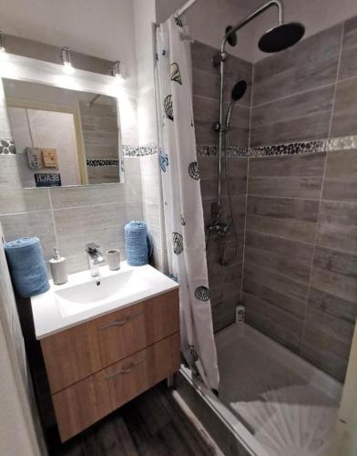 une salle de bain avec un lavabo et une douche dans l'établissement LE PANORAMIQUE cap d’agde, au Cap d'Agde