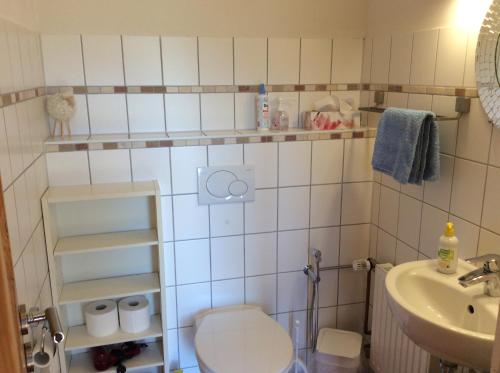 ein kleines Bad mit WC und Waschbecken in der Unterkunft Am Kräutergarten in Kirchlinteln