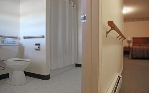 a bathroom with a toilet and a door with a wooden handle at Potsdam Inn in Potsdam