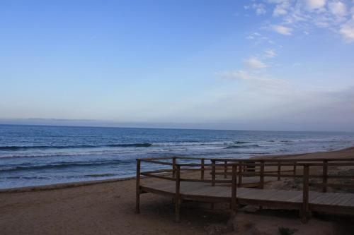 a bench sitting on the beach near the ocean at Hotel Doña Isabel in Torrellano