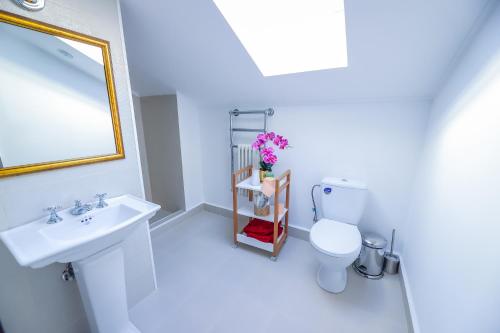 a white bathroom with a sink and a toilet at MOFT Villa in Predeal