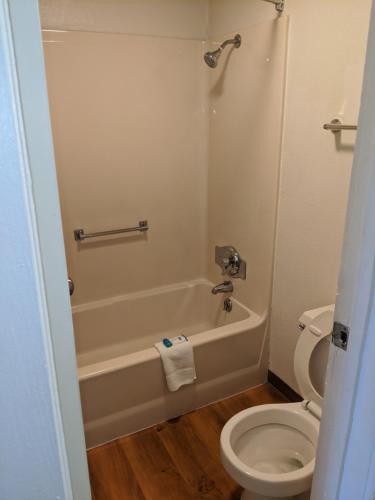 a bathroom with a toilet and a tub and a sink at Rodeway Inn Altoona Orchard Plaza in Altoona