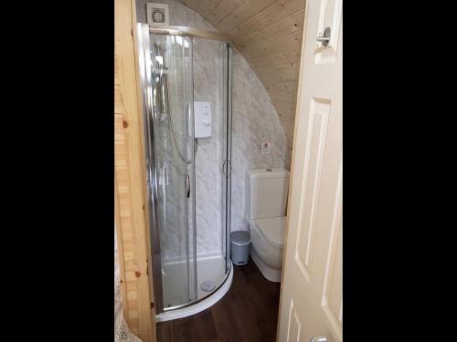 a small bathroom with a shower and a toilet at Breakish Bay Pods (Pod 2) in Breakish