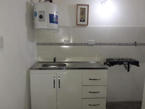 a small kitchen with a sink and a microwave at Hospedaje Vista al Mar in Puerto Pirámides