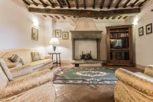 a living room with two couches and a fireplace at Torre Del Cielo in Monterchi