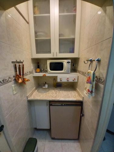 a small kitchen with a microwave on a counter at FLATs CAVALINHO BRANCO in Águas de Lindoia