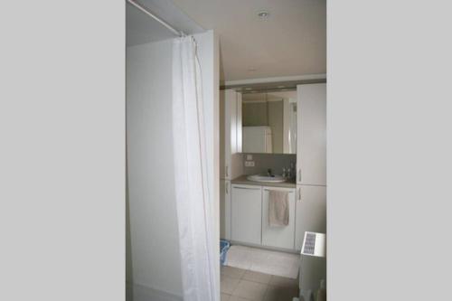 La salle de bains est pourvue d'un rideau de douche blanc et d'un lavabo. dans l'établissement Cozy house, à Turnhout