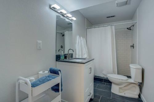 a bathroom with a toilet and a sink and a mirror at Bright & Cozy Studio Apartment in Colorado Springs in Colorado Springs