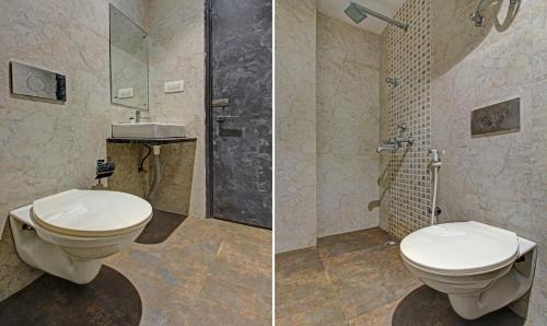 two pictures of a bathroom with a toilet and a shower at Treebo Glassotel Near Ruby Hospital in Kolkata