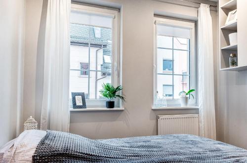 een slaapkamer met een bed en 2 ramen bij Bulwar Apartament in Głogów
